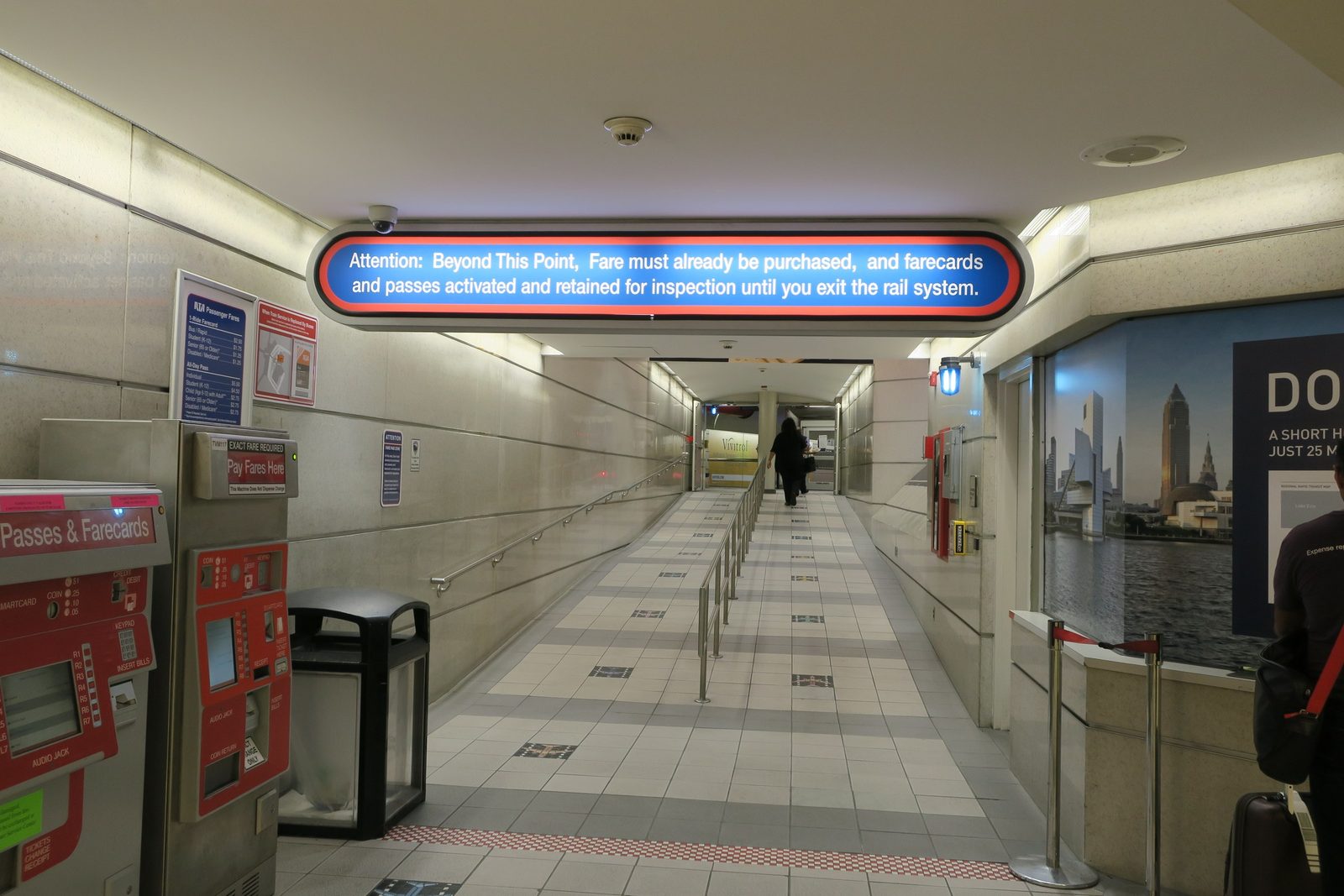 Exterior photograph of the entrance to the Greater Cleveland RTA Red Line station at the airport, a transport-category point on the periphery side of the proxy